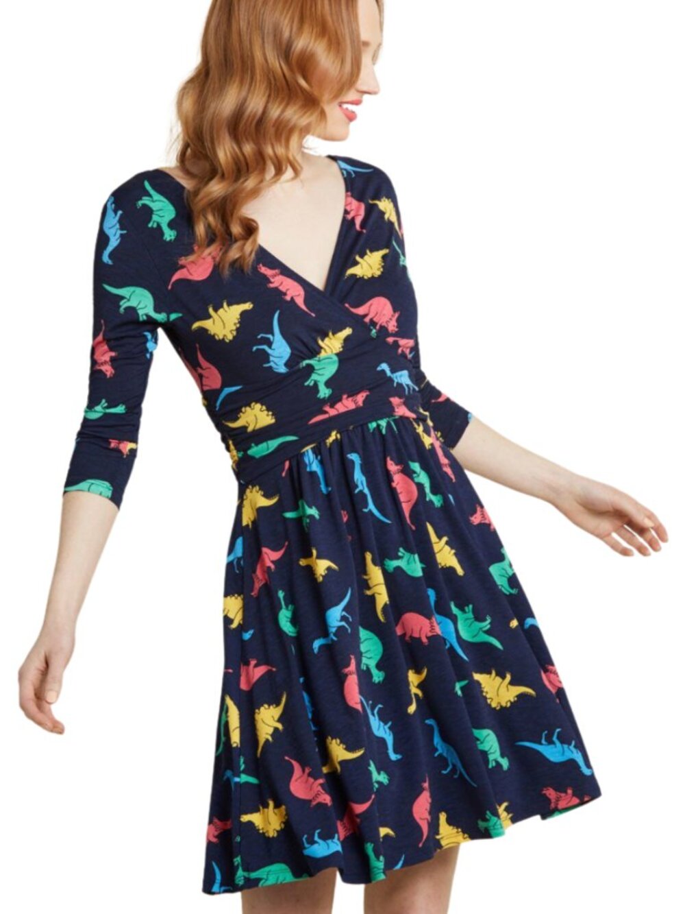 Jessy B ModCloth Plus Dinosaur Fit Flare Dress 3X Navy Rainbow Teacher Lined USA